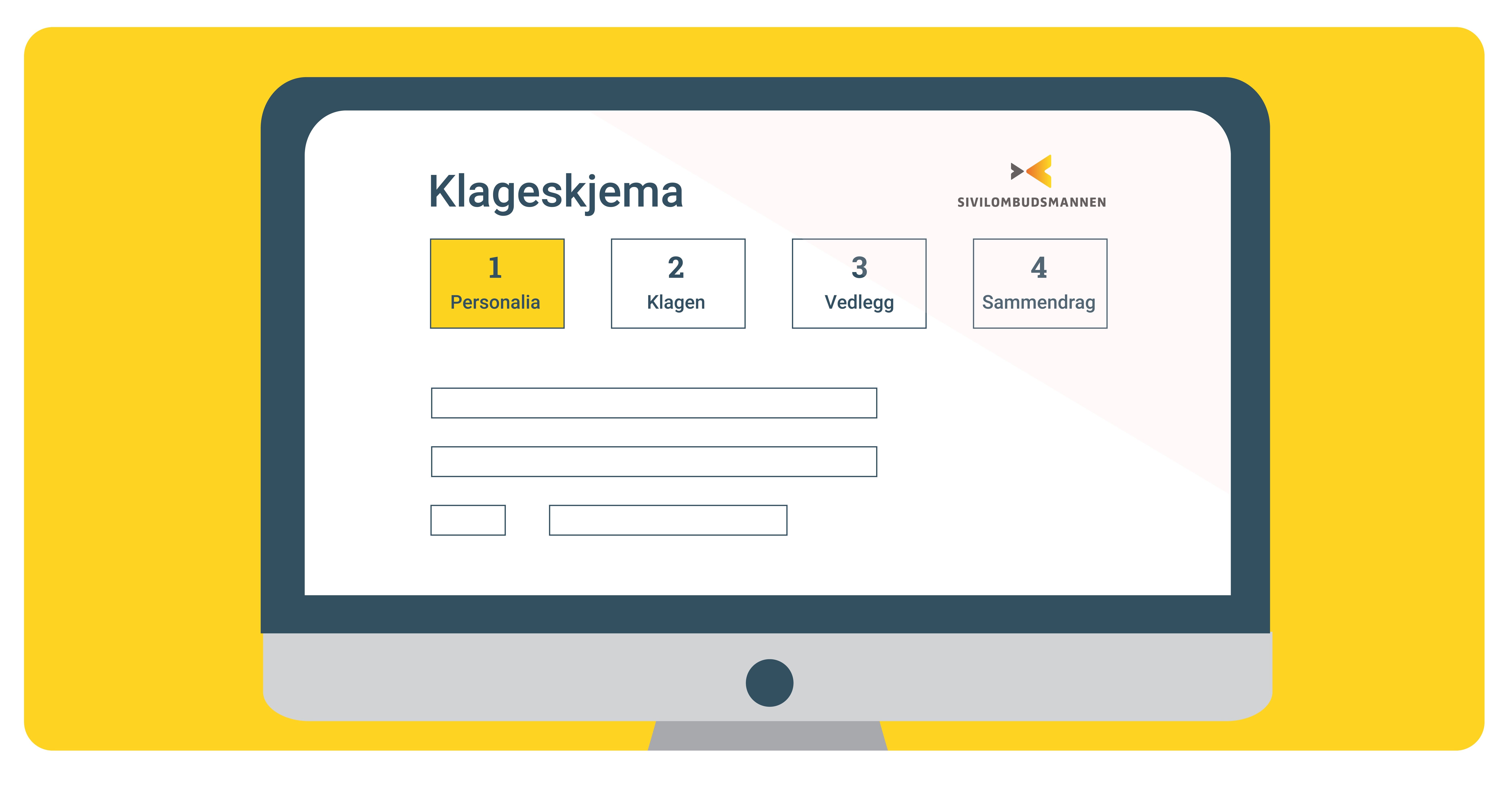 Elektronisk klageskjema med fire steg: 1:Personalia, 2:Klagen, 3:Vedlegg, 4:Sammendrag