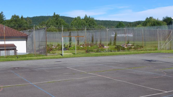 bilde av stor luftegård med asfalt og åpen dør til den nye hagen