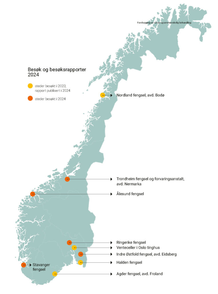 Norgeskart som viser steder som er besøkt av Sivilombudet.
